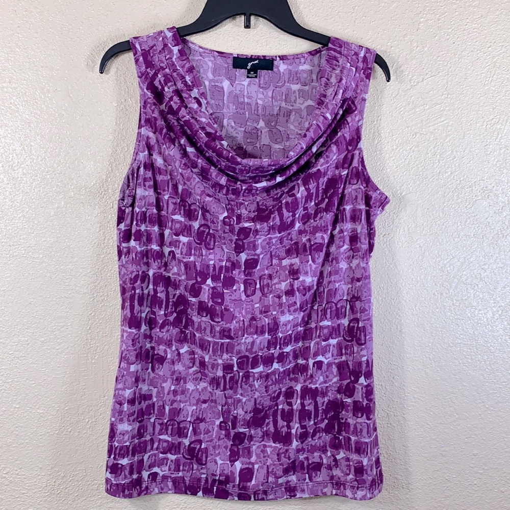 gnu Knit Top Blouse Purple White M Stretchy Pullover Sleeveless Draped Front
